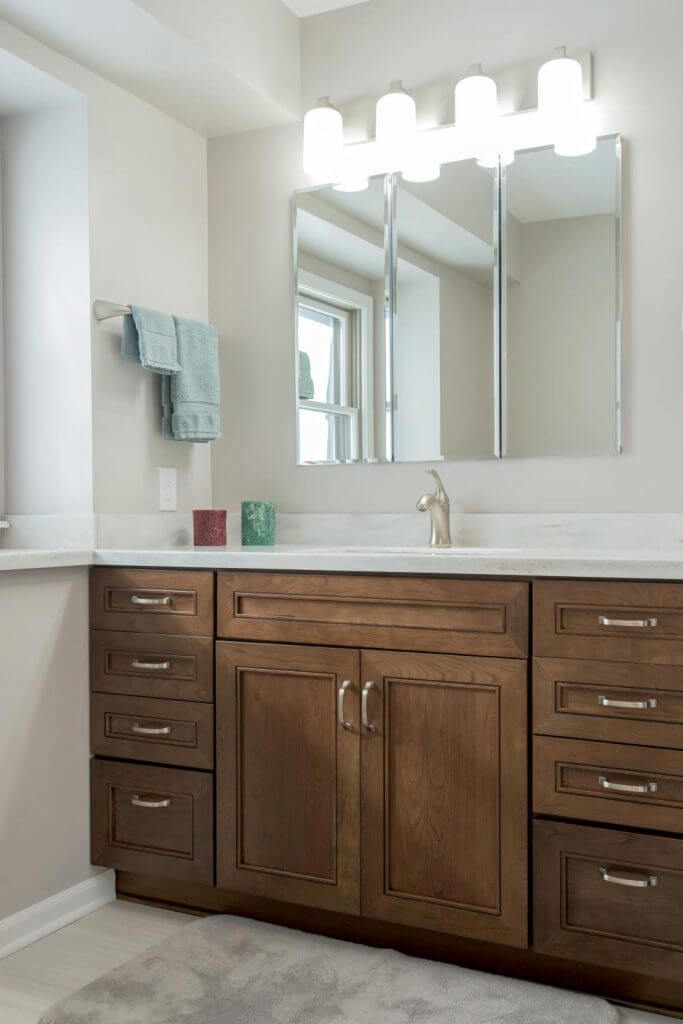 Double-wide bathroom vanity with quartz countertop in Holt MI remodel by Odd Fellows Contracting