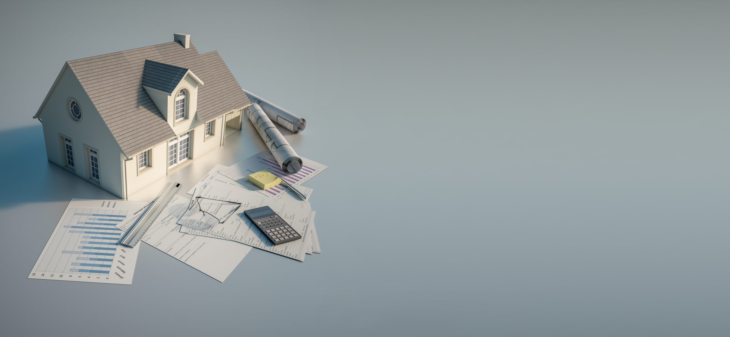 3D rendering of a house with blueprints,  charts, mortgage application form, budget and calculator